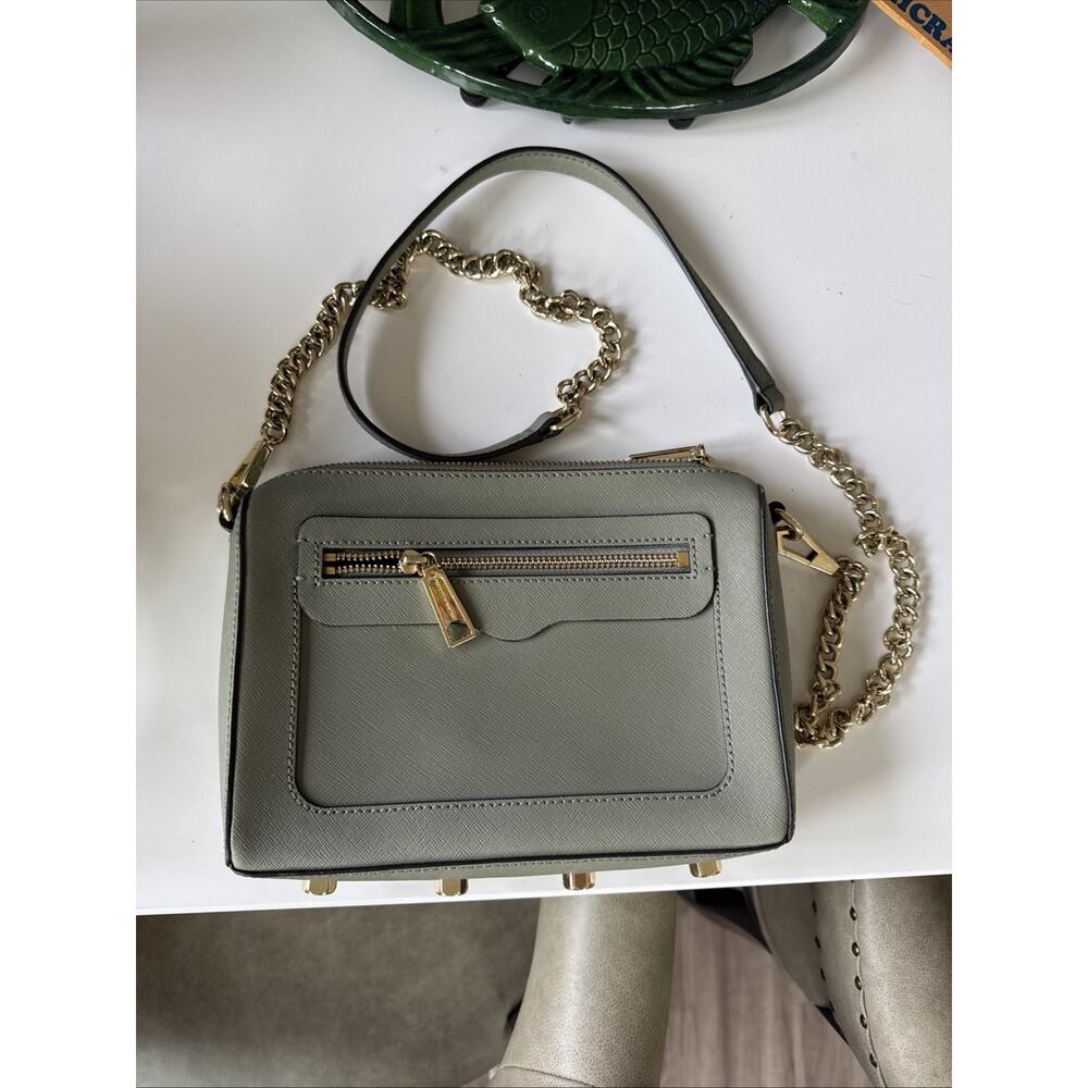 REBECCA MINKOFF Green Leather Moto Zipper Crossbody Handbag Gold Chain